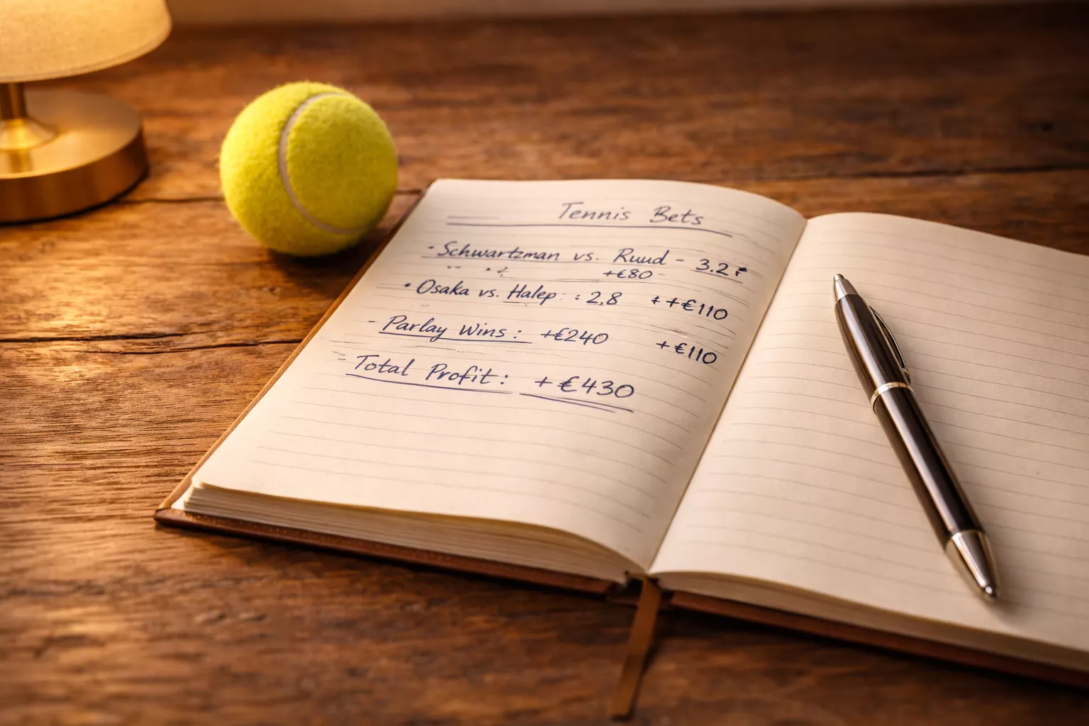 Notizbuch mit handschriftlichen Einträgen neben einem Tennisball auf dem Tisch