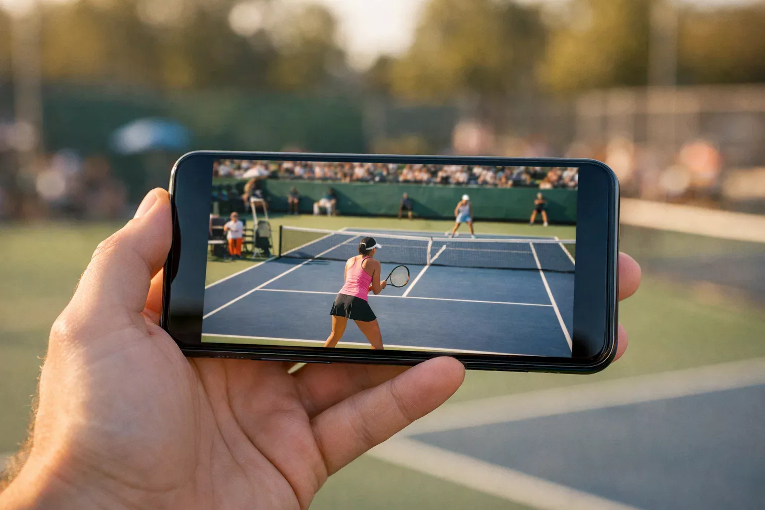 Smartphone mit Live-Tennis-Übertragung neben einem Tennisplatz in der Sonne