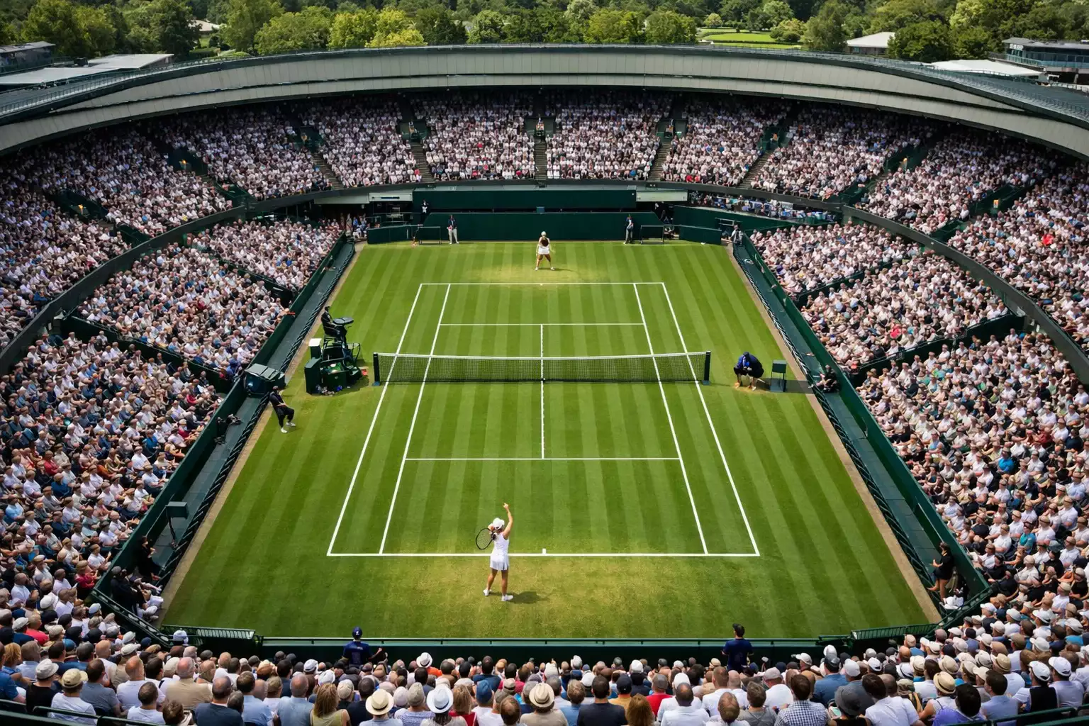 Luftaufnahme eines Grand-Slam-Tennisplatzes mit Publikum bei einem Damen-Match