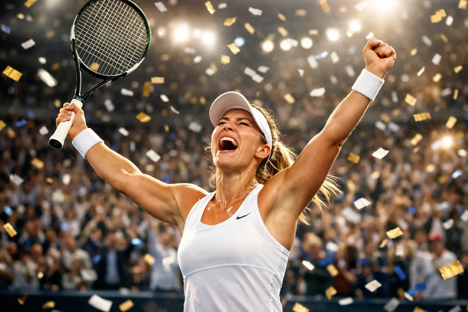 Tennisspielerin feiert emotionalen Sieg bei einem Grand-Slam-Turnier