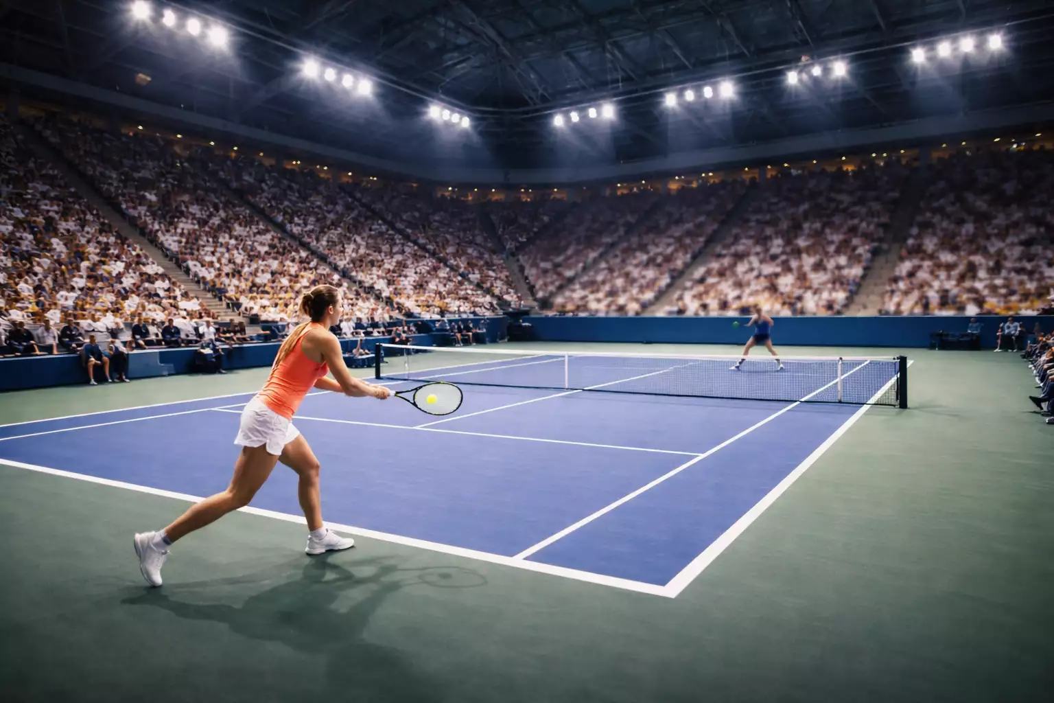 Tennishalle mit Flutlicht und einer Spielerin beim Return auf dem Hartplatz