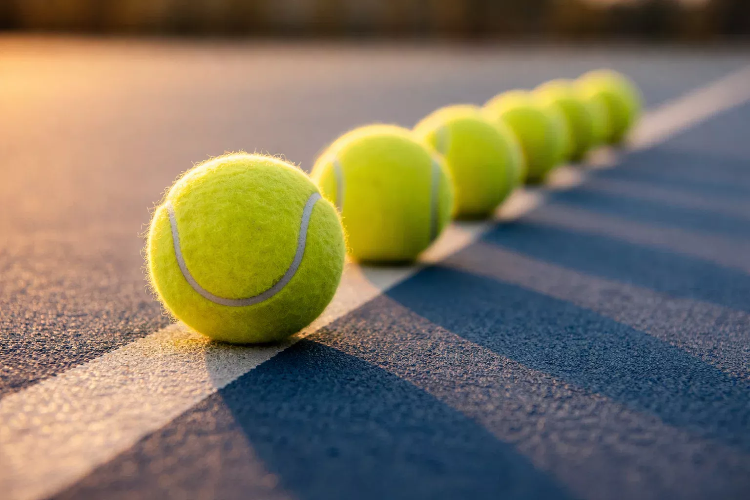 Mehrere Tennisbälle in einer Reihe auf dem Hartplatz im Sonnenlicht