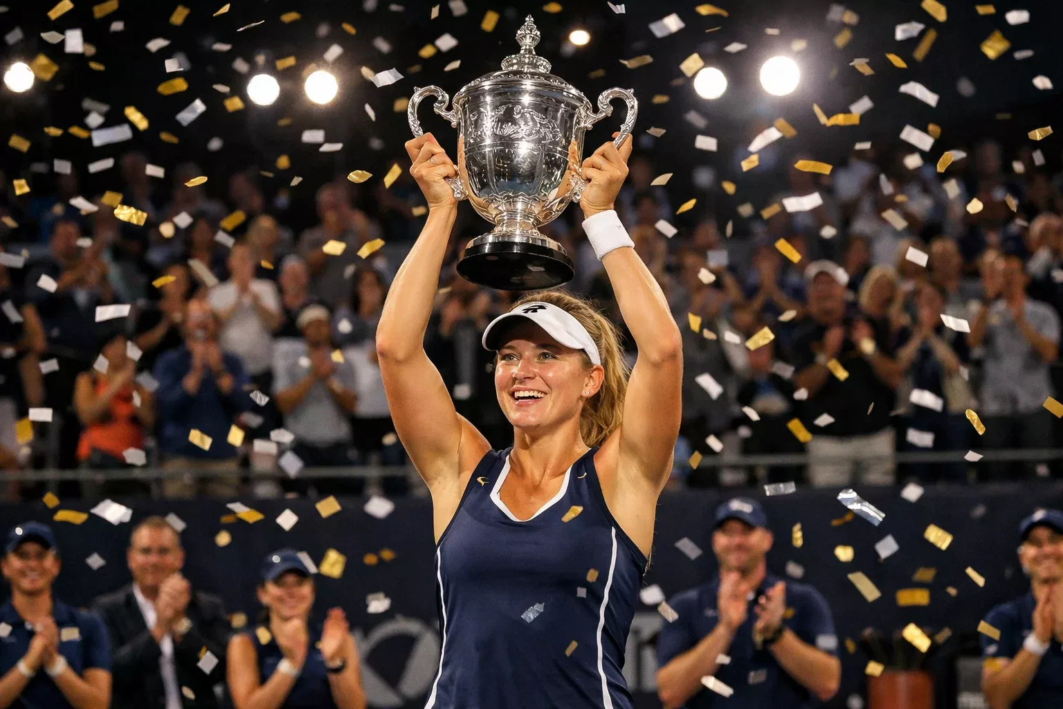 Tennisspielerin hält einen Pokal bei der Siegerehrung eines WTA-Turniers hoch