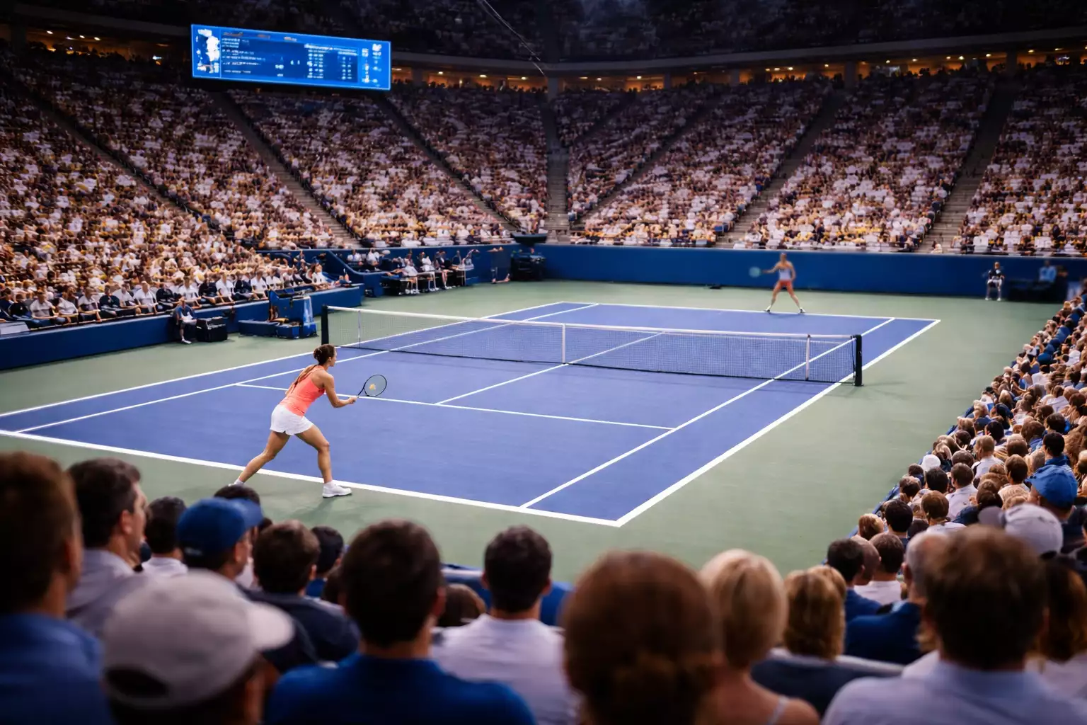 Damentennis-Match aus Zuschauerperspektive auf einem vollen Center Court