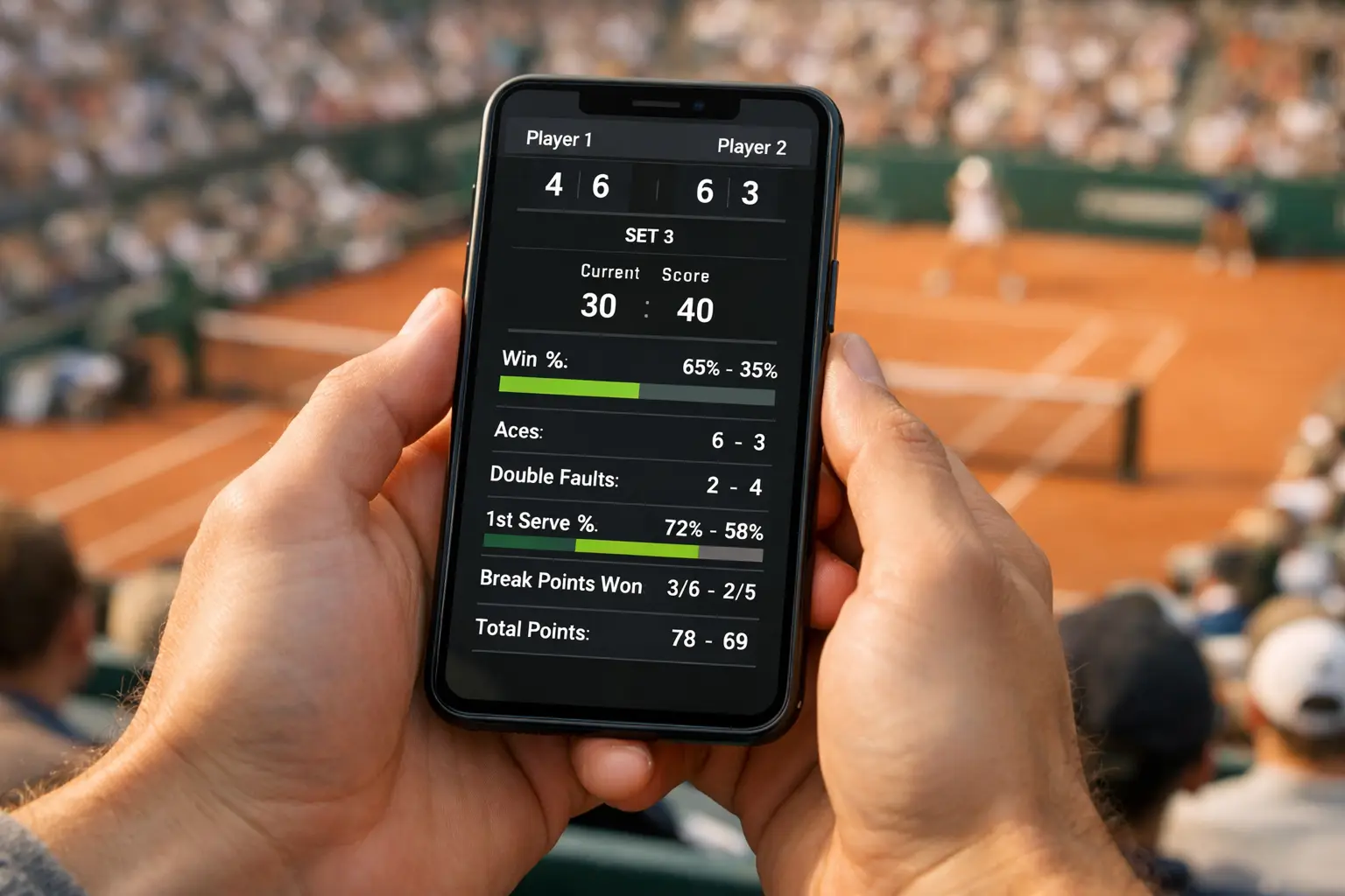 Person verfolgt Tennisspiel und platziert Livewette auf dem Smartphone