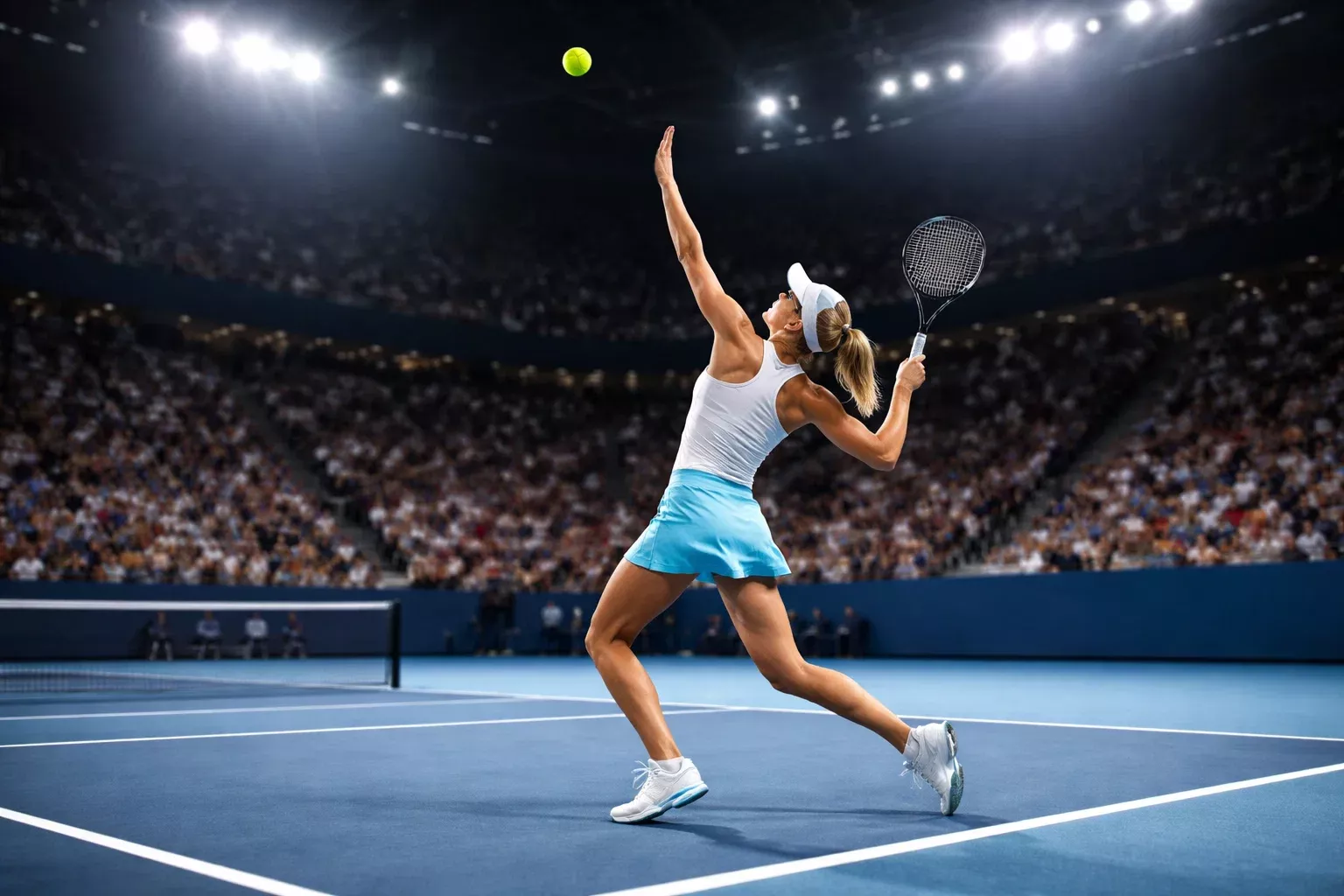 Tennisspielerin beim kraftvollen Aufschlag auf dem Hartplatz bei einem WTA-Turnier