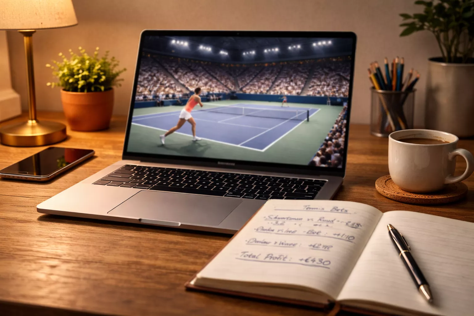 Laptop mit Tennismatch auf dem Bildschirm neben Notizbuch auf einem Schreibtisch