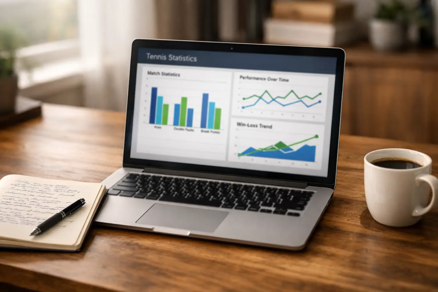 Laptop mit Tennisstatistiken und Spieleranalysen auf dem Bildschirm