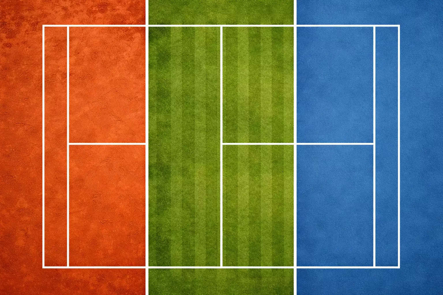 Drei Tennisplatzbeläge nebeneinander: roter Sand, grüner Rasen und blauer Hartplatz