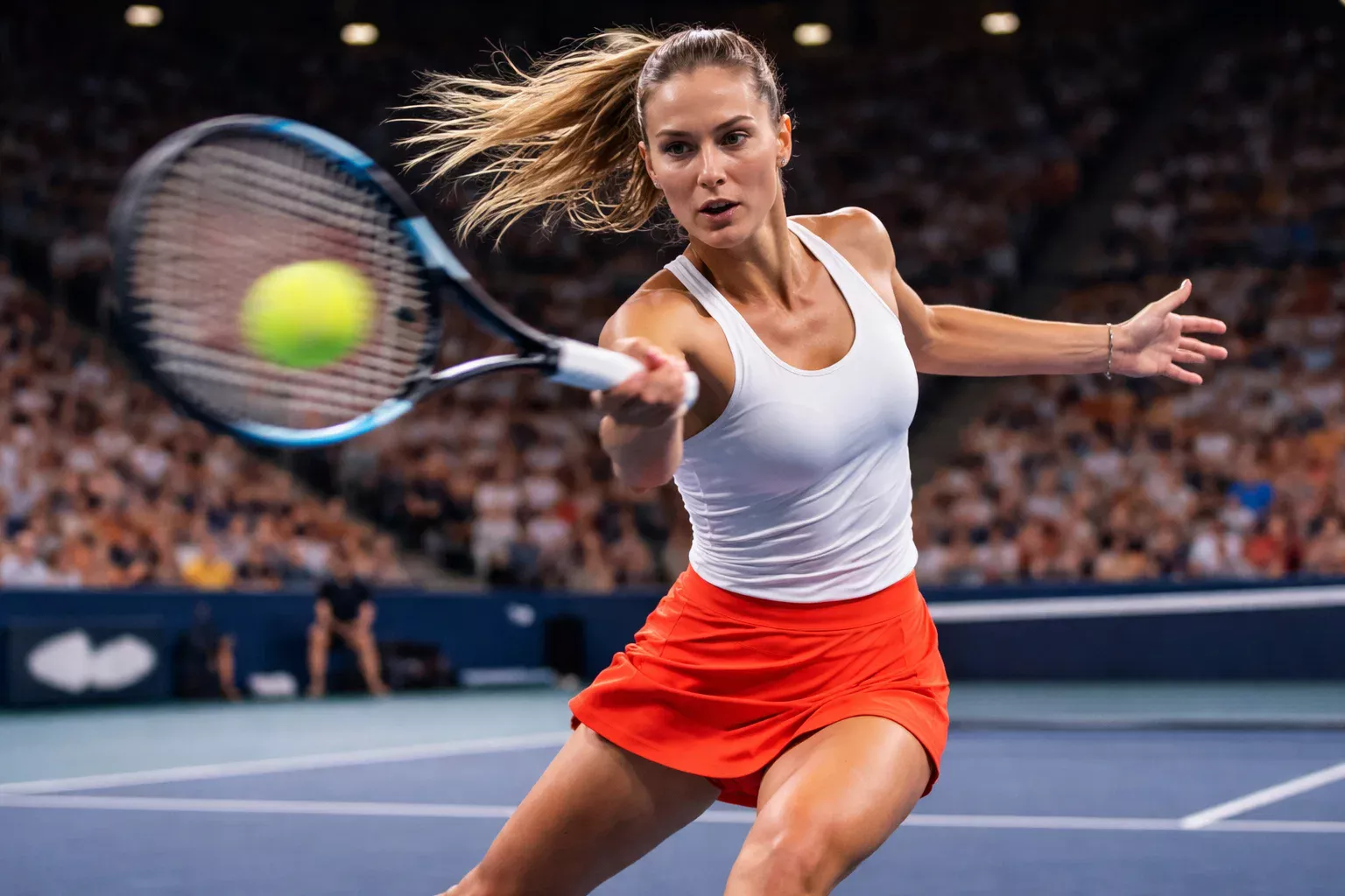 Tennisspielerin bei einem kraftvollen Vorhand-Schlag auf einem WTA-Turnier