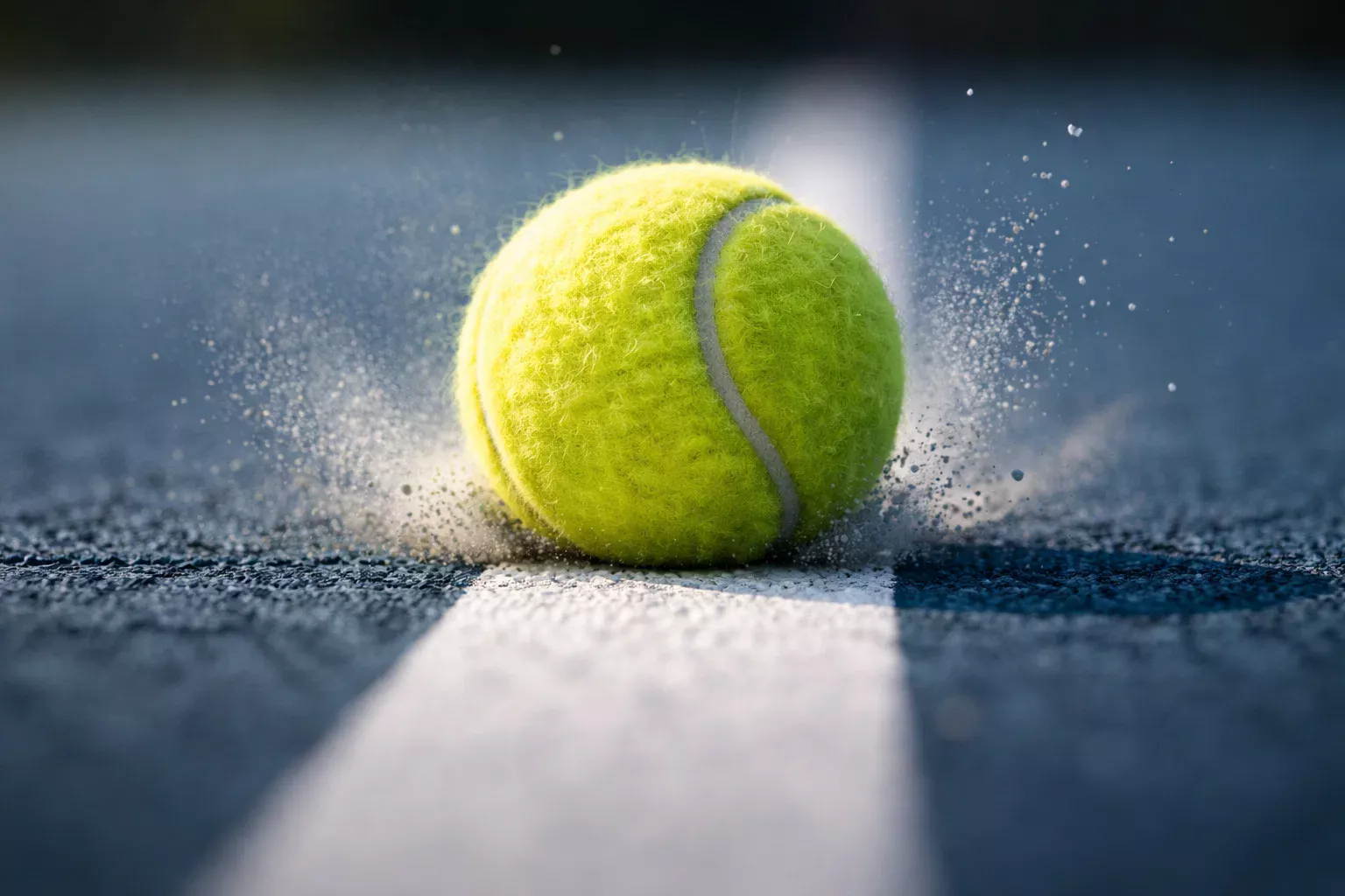 Nahaufnahme eines Tennisballs auf der Linie eines Hartplatzes – knapper Moment