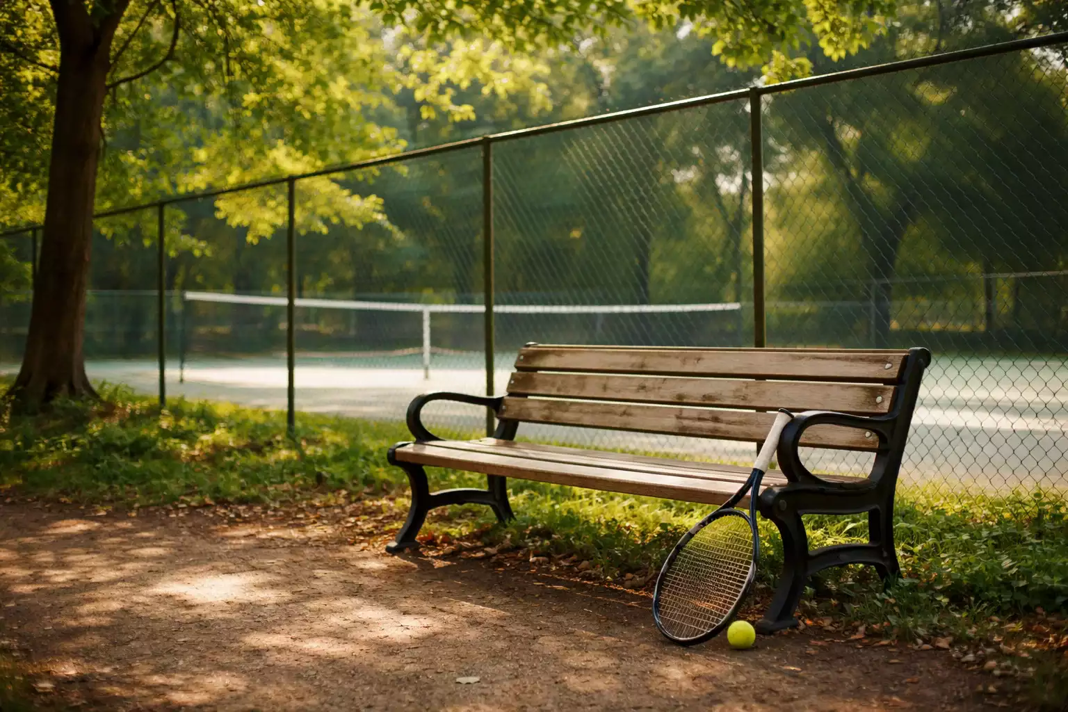 Ruhige Parkbank im Grünen neben einem Tennisplatz – Pause und Erholung
