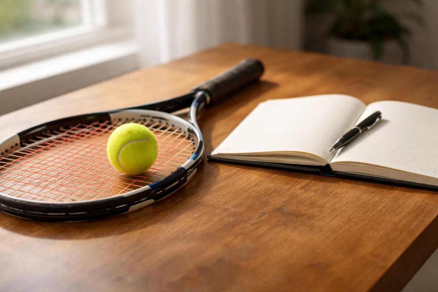Tennisschläger und -ball auf einem Tisch neben einem geöffneten Notizbuch