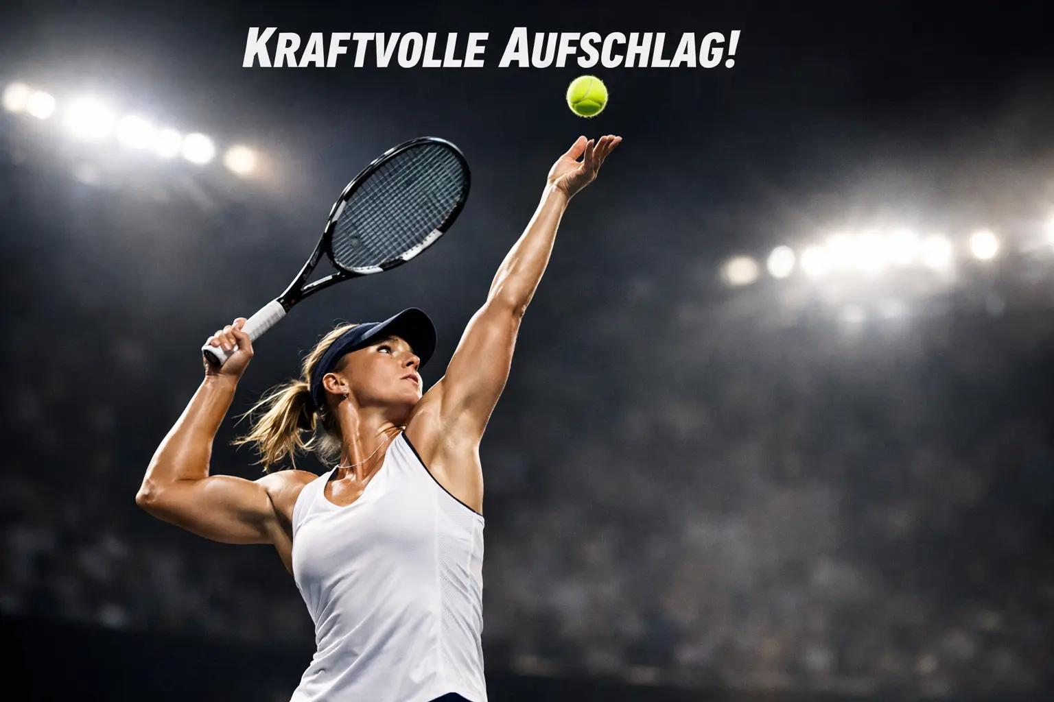 Tennisspielerin beim kraftvollen Aufschlag während eines WTA-Turniers