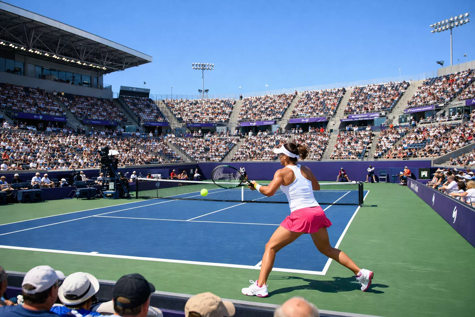 Professioneller Tennisplatz bei einem WTA-1000-Turnier mit Zuschauerrängen