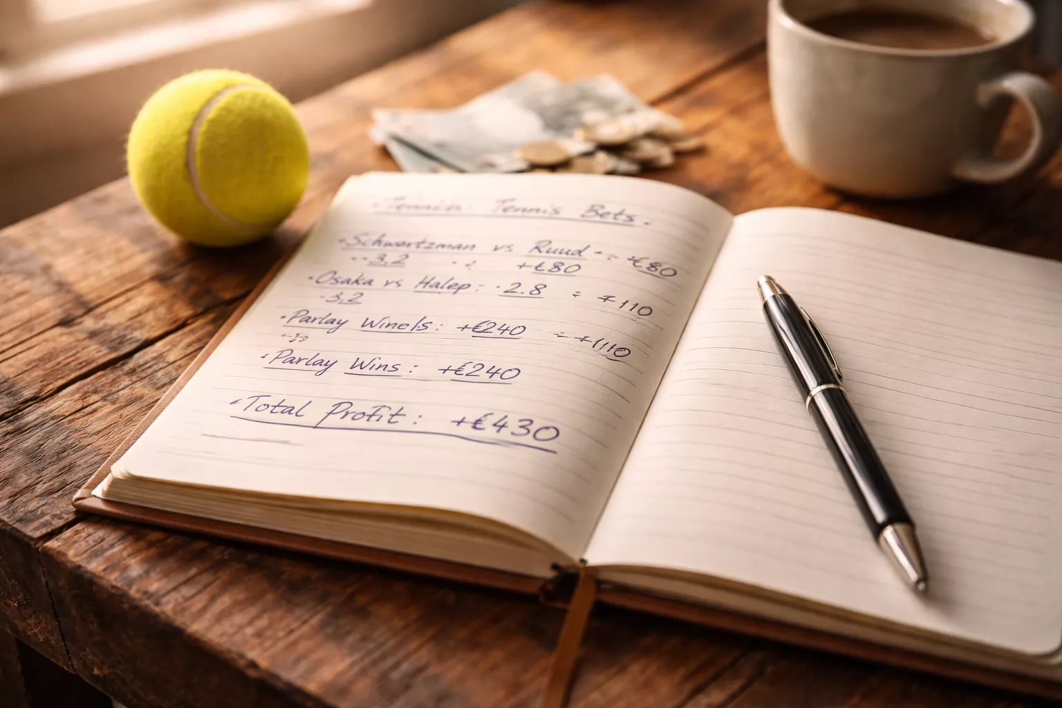 Aufgeschlagener Planer mit Notizen neben einem Tennisball auf einem Holztisch