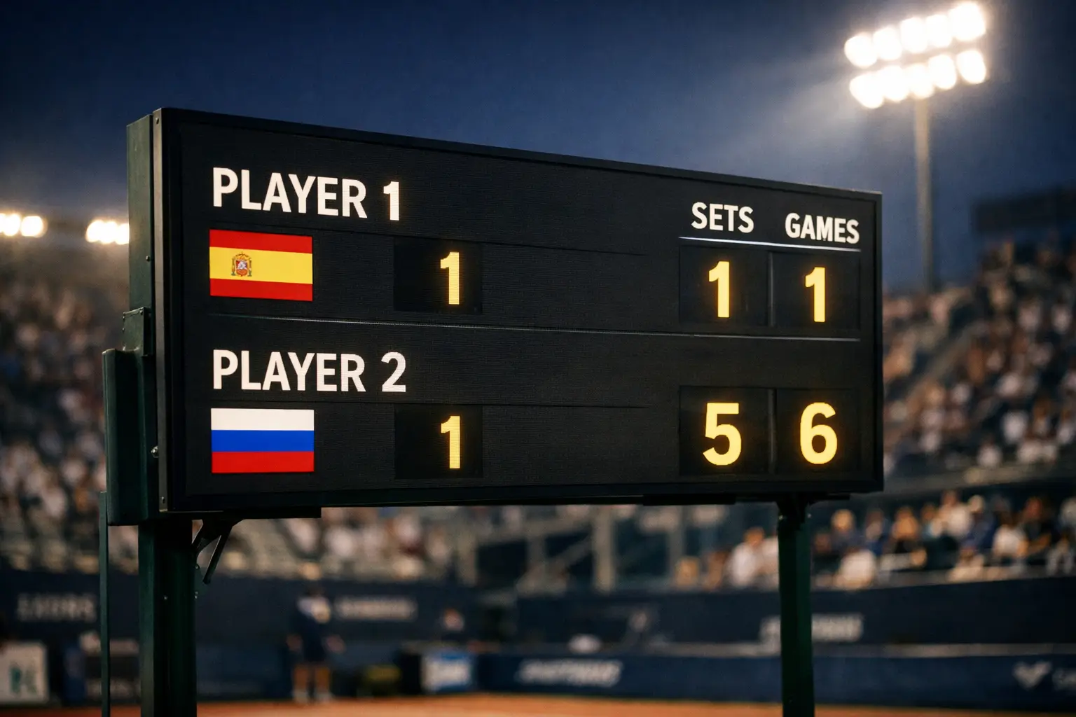 Tennisplatz mit Anzeigetafel während eines spannenden Matches