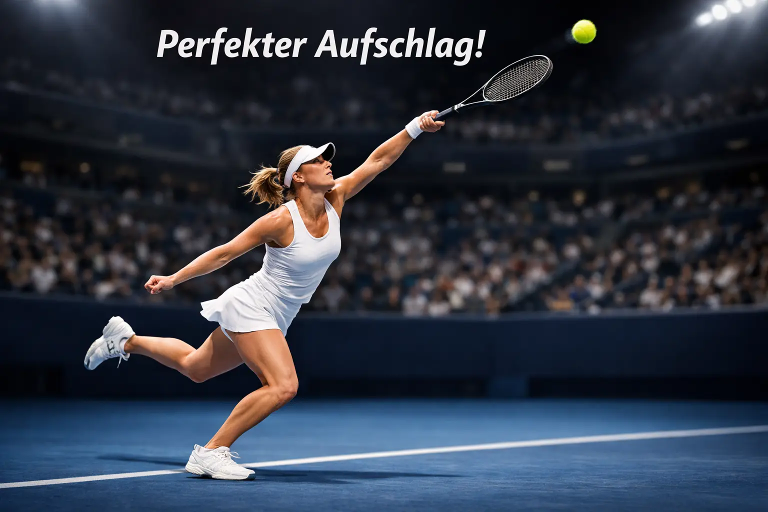 Professionelle Tennisspielerin beim kraftvollen Aufschlag auf dem Hartplatz