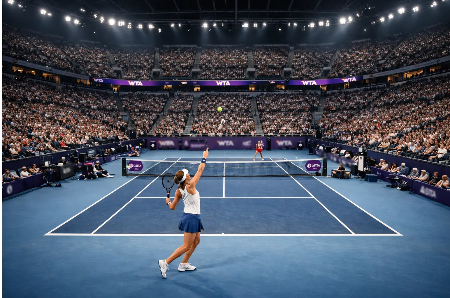 Volle Tribünen bei einem großen WTA-Turnier mit Spielerin auf dem Platz
