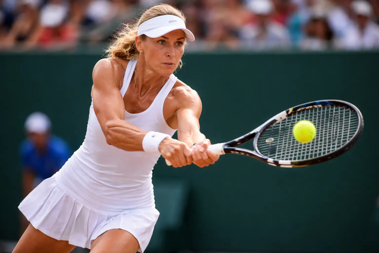 Erfahrene Tennisspielerin beim konzentrierten Schlag