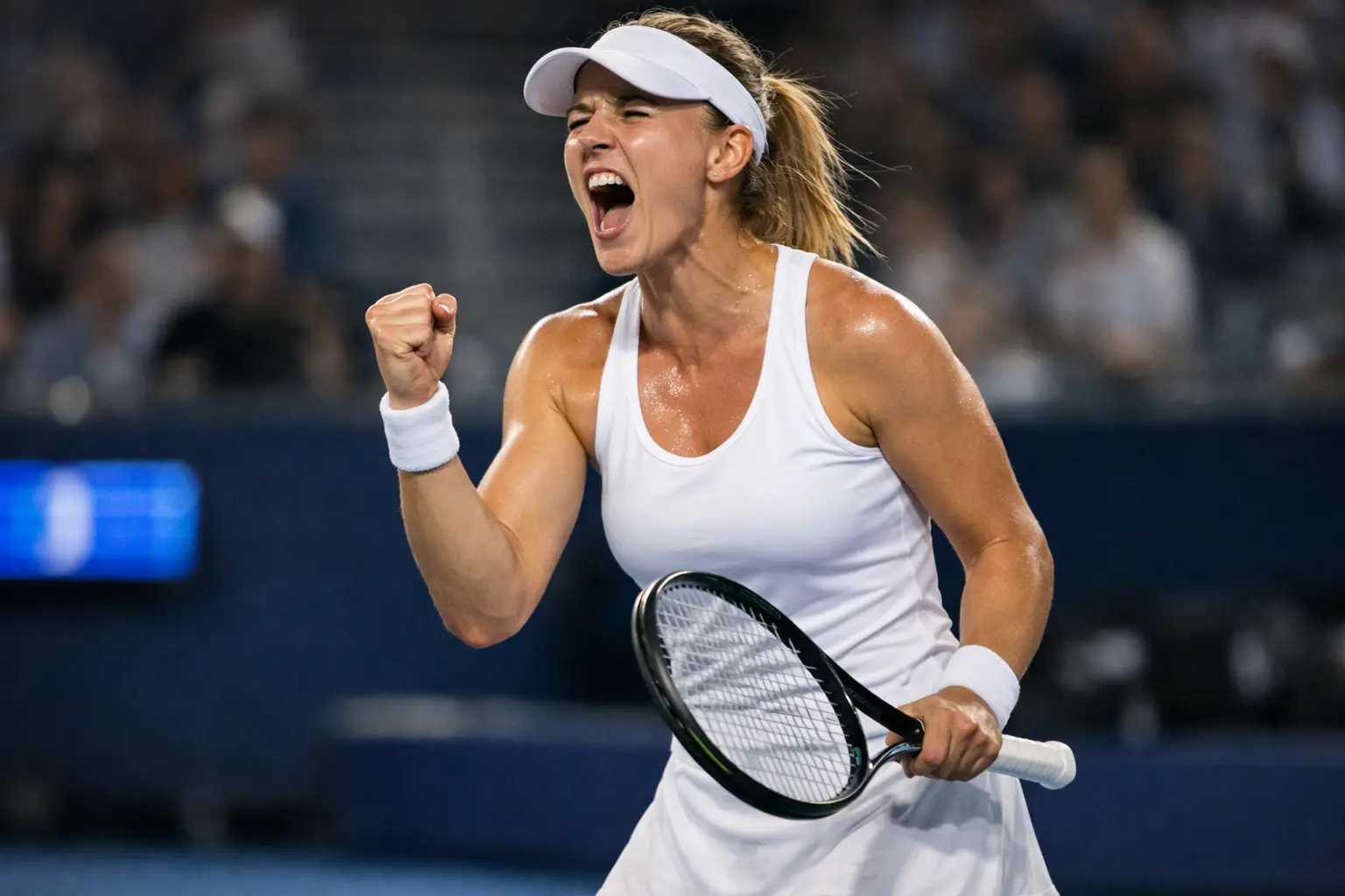 Tennisspielerin feiert Punkt mit geballter Faust auf Hartplatz
